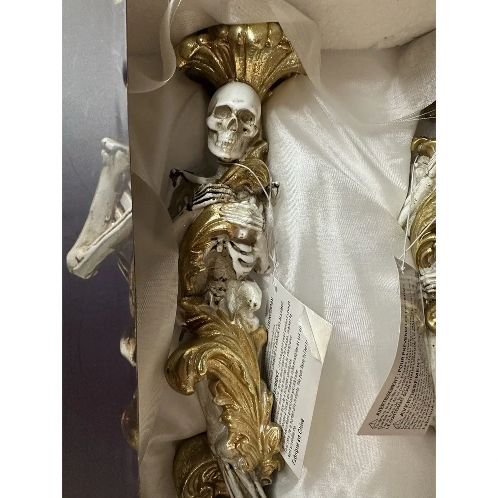 Christian Siriano Gold Skeleton Candlestick Holders Pair Halloween NEW IN BOX